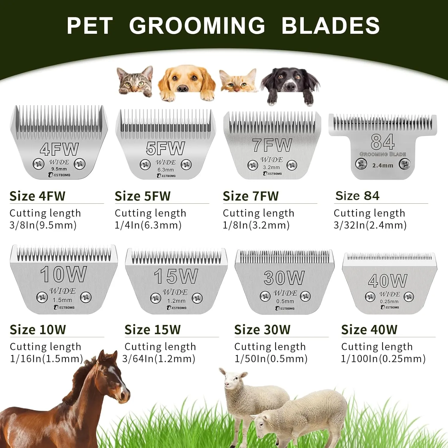 Size 30W 10W 7FW 5FW 4FW Wide Detachable Pet Dog Grooming Blades Kit,Compatible with Andis,Oster A5,Wahl km10 Clippers,5 Pack