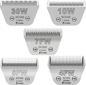 Size 30W 10W 7FW 5FW 4FW Wide Detachable Pet Dog Grooming Blades Kit,Compatible with Andis,Oster A5,Wahl km10 Clippers,5 Pack