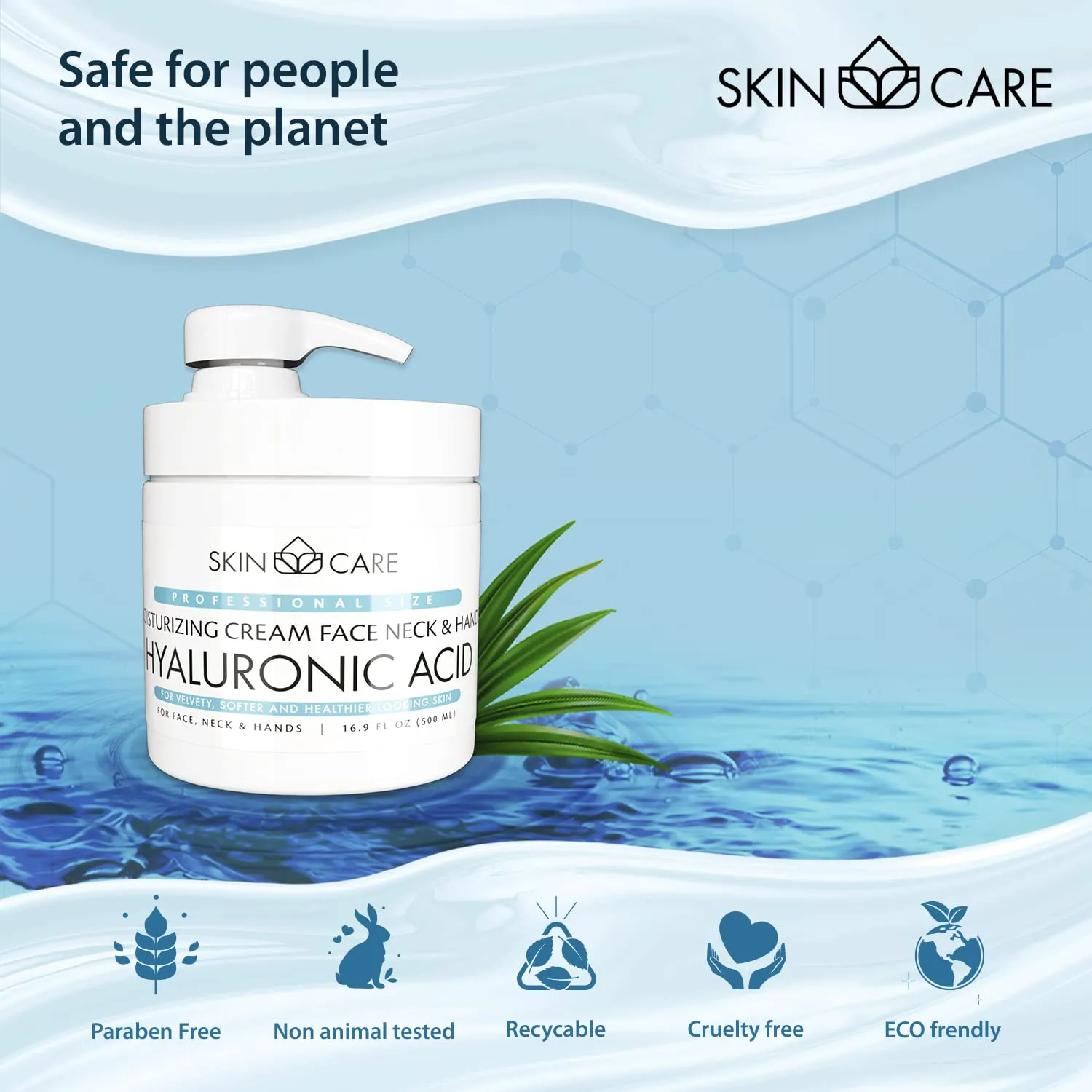 Skin Care Hyaluronic Acid 3-in-1 Moisturizer Face Cream, Neck and Hands - Treatment for Crepey Texture, Wrinkles and Sagging - Daily Lotion for All Skin Types - 16.9 fl. oz.