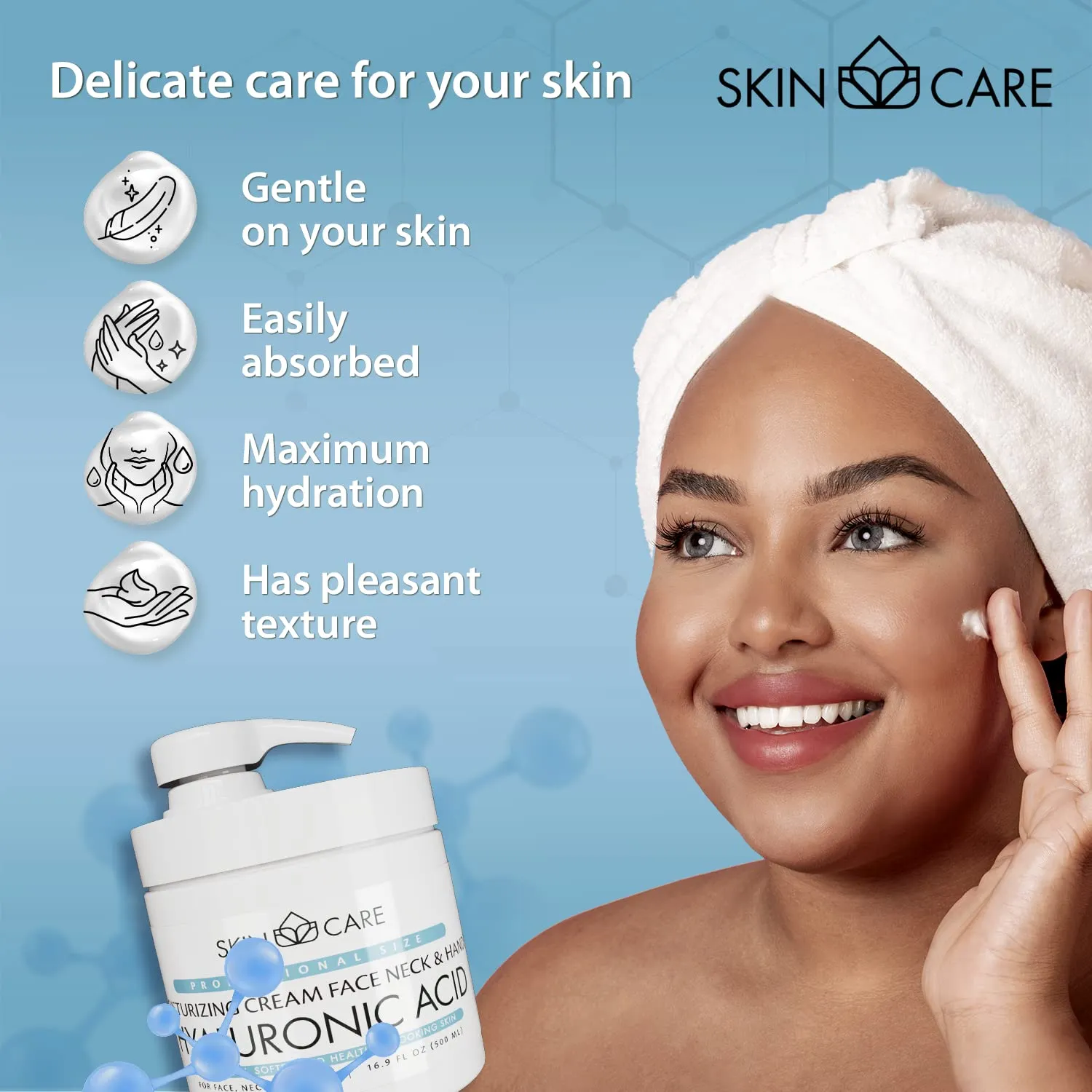 Skin Care Hyaluronic Acid 3-in-1 Moisturizer Face Cream, Neck and Hands - Treatment for Crepey Texture, Wrinkles and Sagging - Daily Lotion for All Skin Types - 16.9 fl. oz.