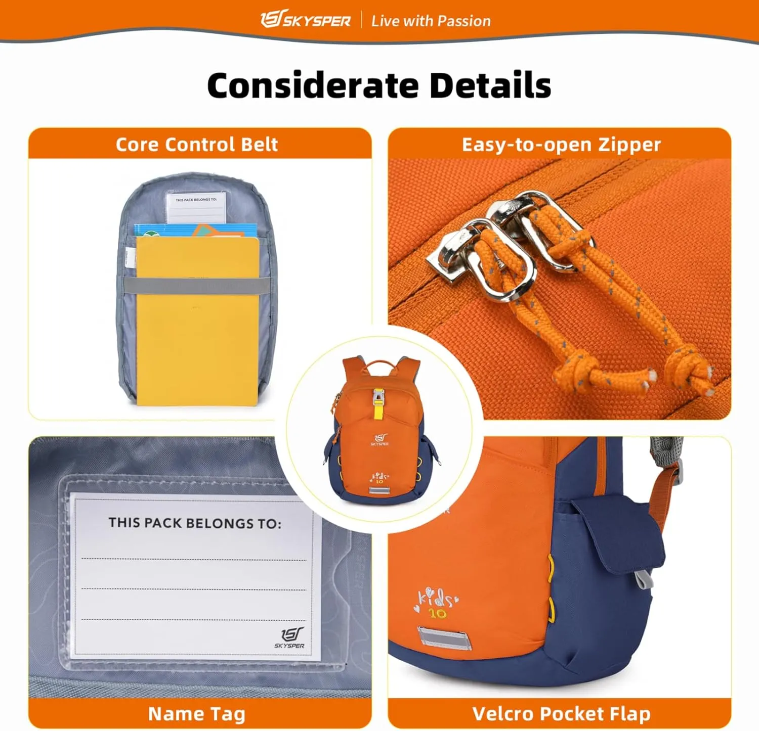 SKYSPER Kids Backpack 10L Toddler Backpack Travel Daypack for Preschool and Kindergarten(Orange)
