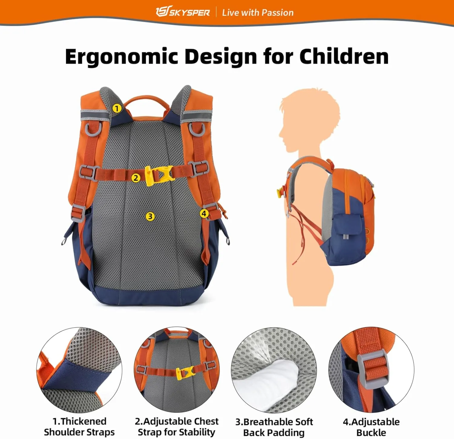 SKYSPER Kids Backpack 10L Toddler Backpack Travel Daypack for Preschool and Kindergarten(Orange)