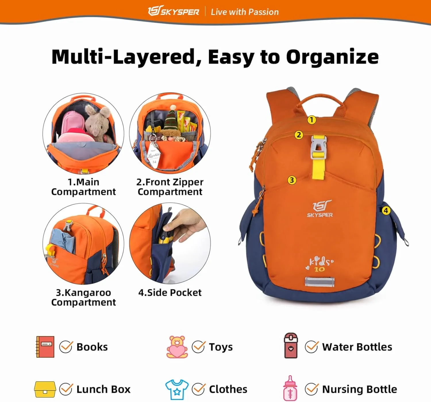 SKYSPER Kids Backpack 10L Toddler Backpack Travel Daypack for Preschool and Kindergarten(Orange)