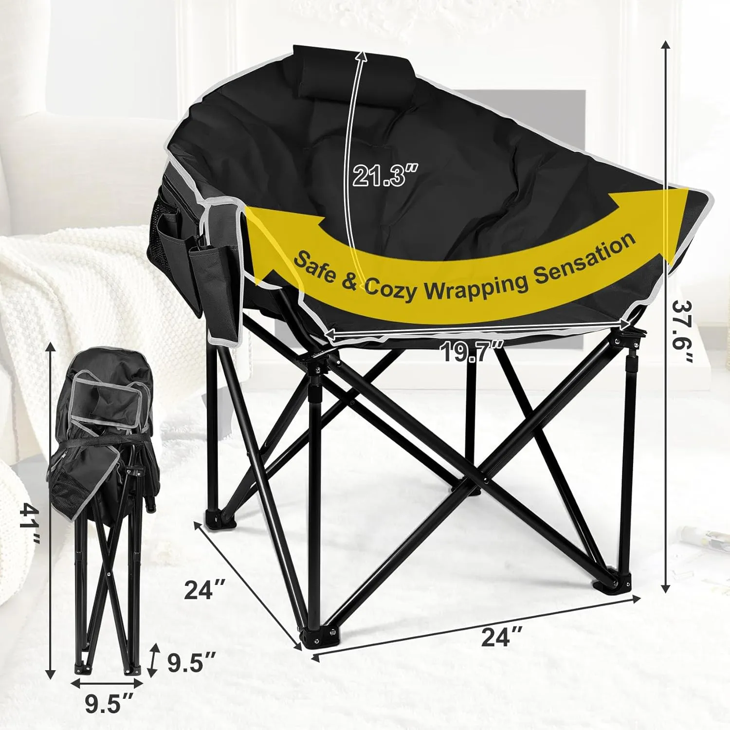 Slendor Heated Camping Chair, Oversized Padded Heated Chair, 3 Heating Levels 10S Quick Heated Folding Chair, Portable Patio Lounge Chair with, Pillow, Storage Bag, Black