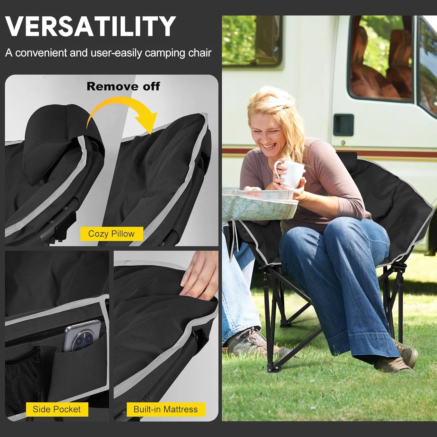 Slendor Heated Camping Chair, Oversized Padded Heated Chair, 3 Heating Levels 10S Quick Heated Folding Chair, Portable Patio Lounge Chair with, Pillow, Storage Bag, Black