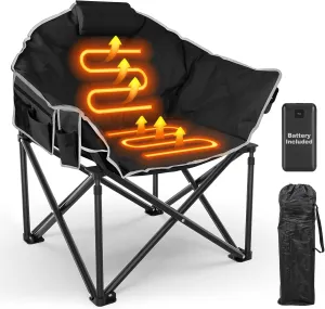 Slendor Heated Camping Chair, Oversized Padded Heated Chair, 3 Heating Levels 10S Quick Heated Folding Chair, Portable Patio Lounge Chair with, Pillow, Storage Bag, Black