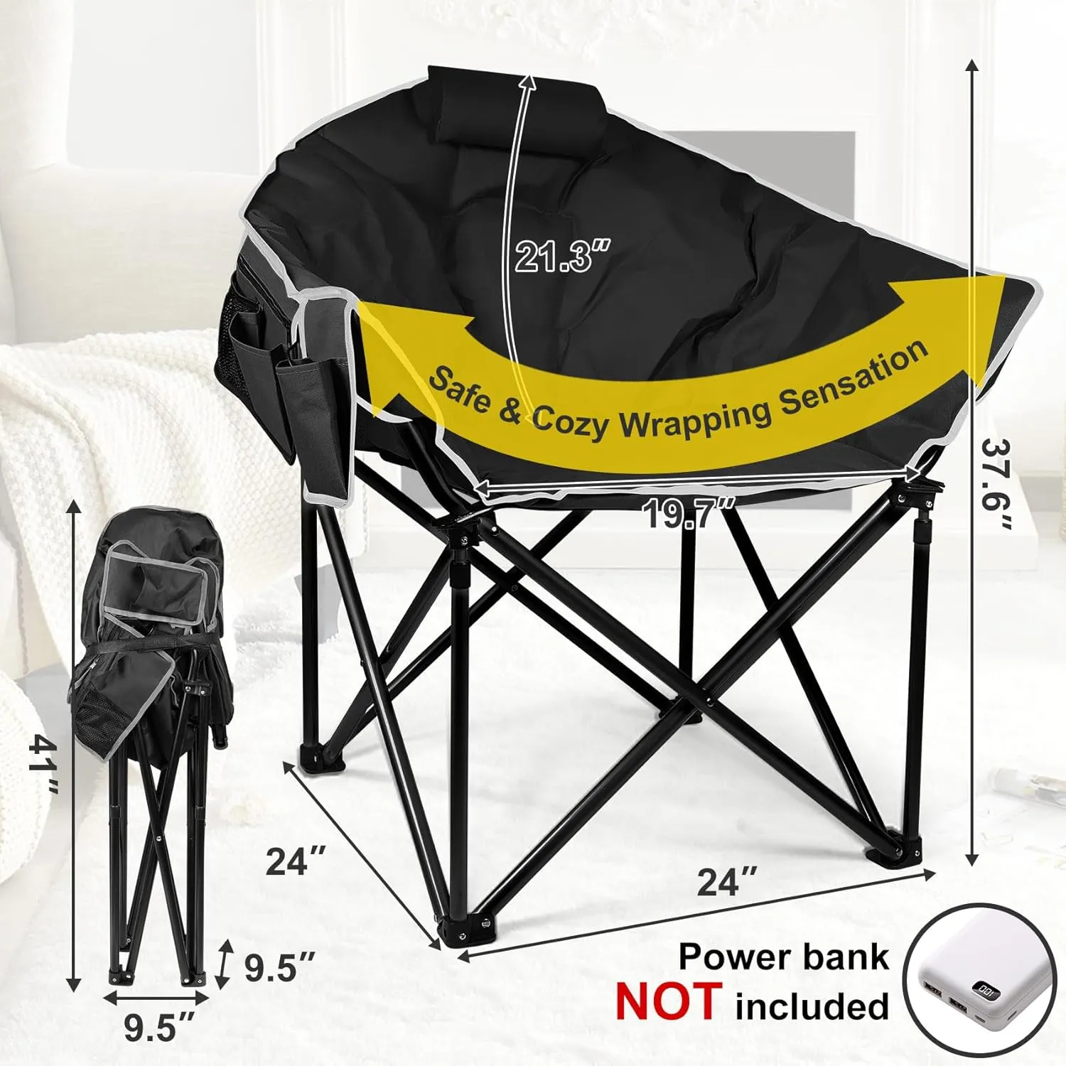 Slendor Heated Camping Chair with Oversized Padded Design, 3 Adjustable Heating Levels, Portable Folding Outdoor Chair with Pillow & Storage Bag, Ideal for Camping, Patio, and Sports, Black