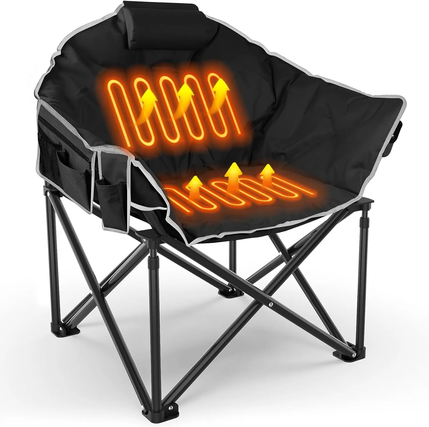Slendor Heated Camping Chair with Oversized Padded Design, 3 Adjustable Heating Levels, Portable Folding Outdoor Chair with Pillow & Storage Bag, Ideal for Camping, Patio, and Sports, Black