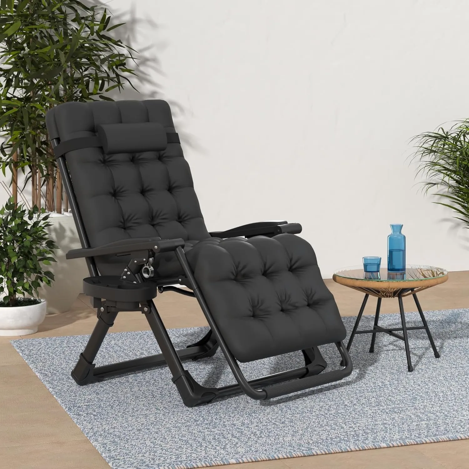 Slendor Zero Gravity Chair Lounge Chair Recliner w/Upgraded Lock and Removable Cushion, Reclining Camping Chair w/Cup Holder Tray & Headrest, Folding Reclining Patio Chairs for Indoor Outdoor, Black