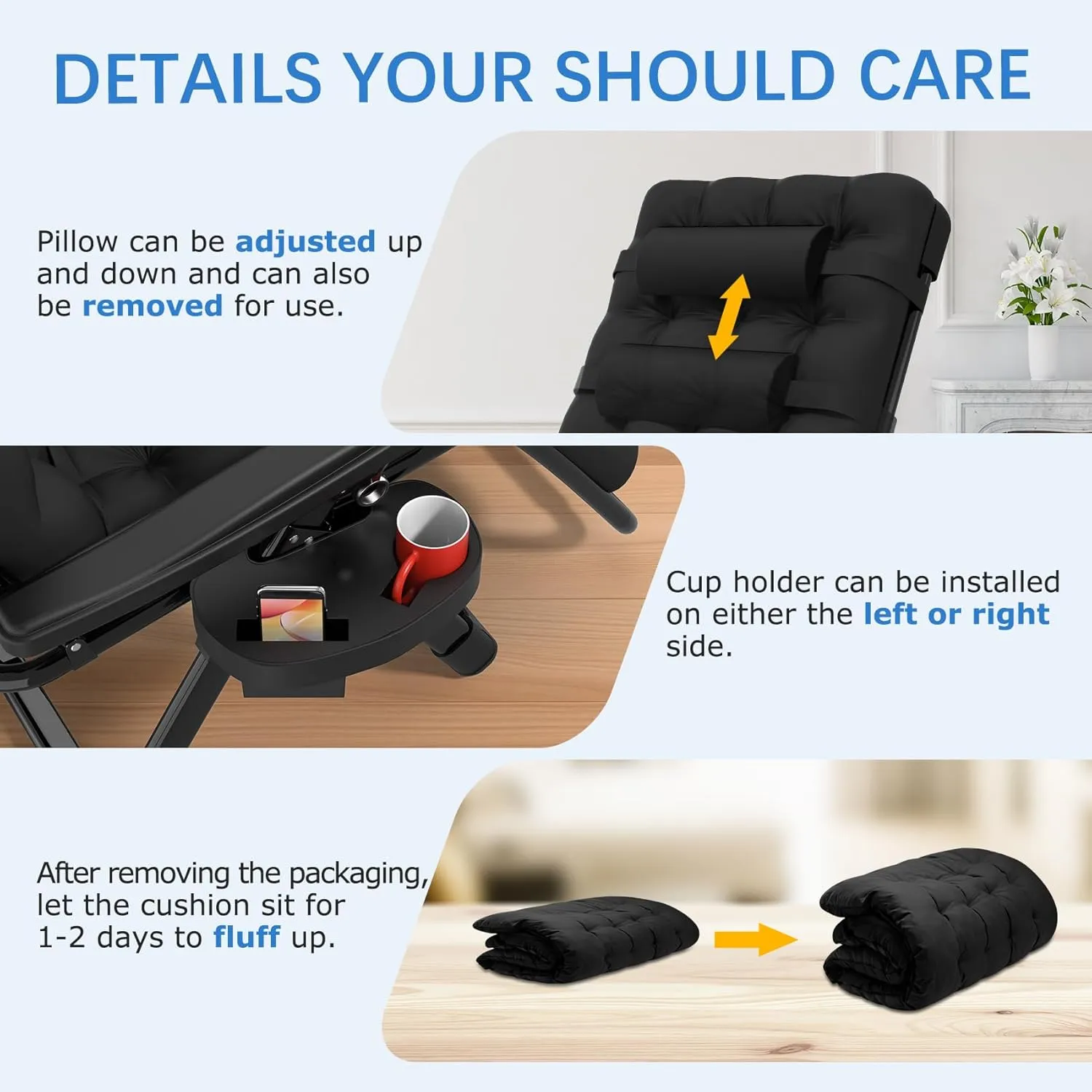 Slendor Zero Gravity Chair Lounge Chair Recliner w/Upgraded Lock and Removable Cushion, Reclining Camping Chair w/Cup Holder Tray & Headrest, Folding Reclining Patio Chairs for Indoor Outdoor, Black