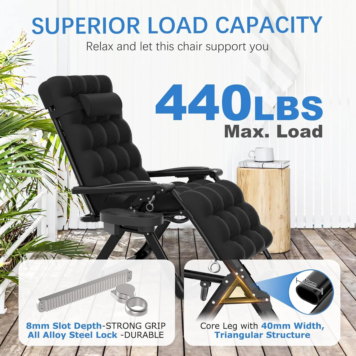 Slendor Zero Gravity Chair Lounge Chair Recliner w/Upgraded Lock and Removable Cushion, Reclining Camping Chair w/Cup Holder Tray & Headrest, Folding Reclining Patio Chairs for Indoor Outdoor, Black
