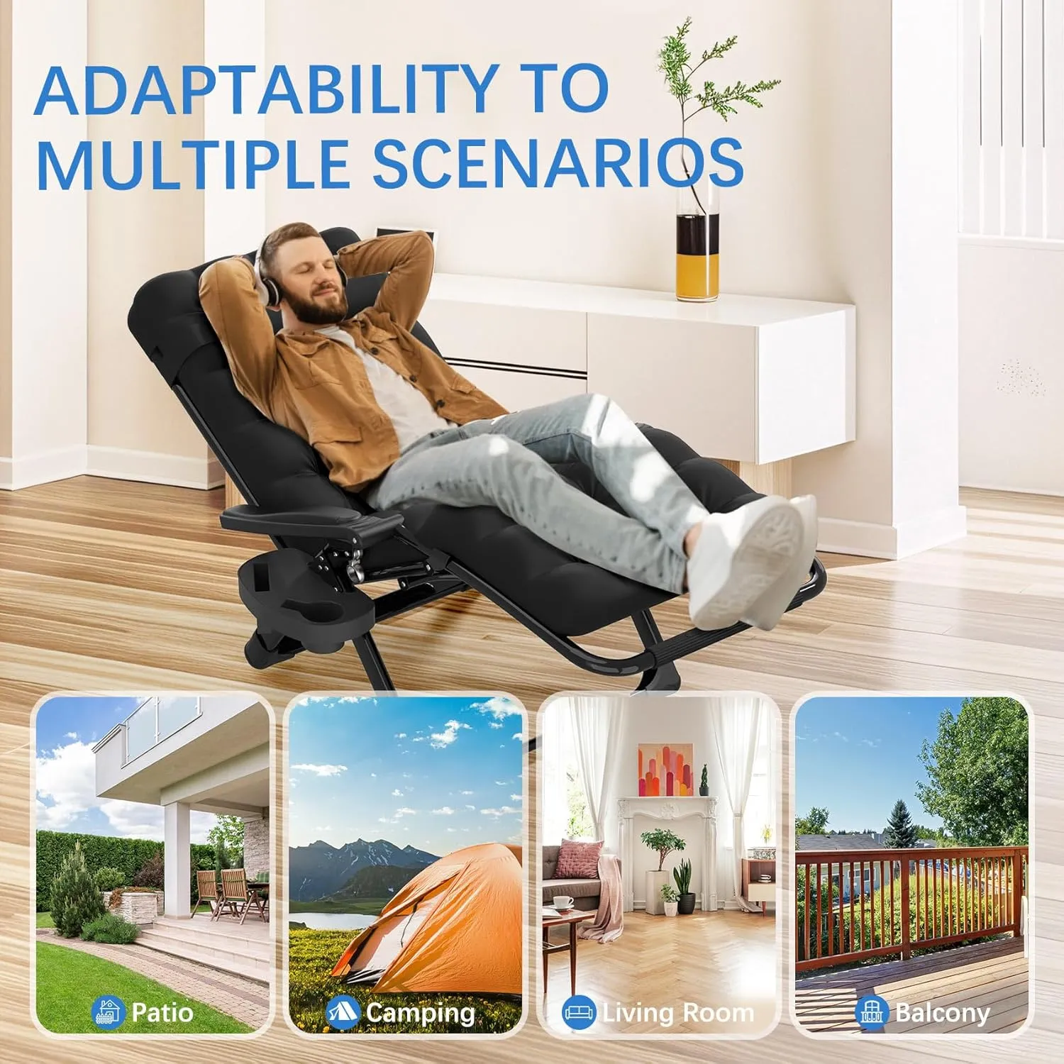 Slendor Zero Gravity Chair Lounge Chair Recliner w/Upgraded Lock and Removable Cushion, Reclining Camping Chair w/Cup Holder Tray & Headrest, Folding Reclining Patio Chairs for Indoor Outdoor, Black