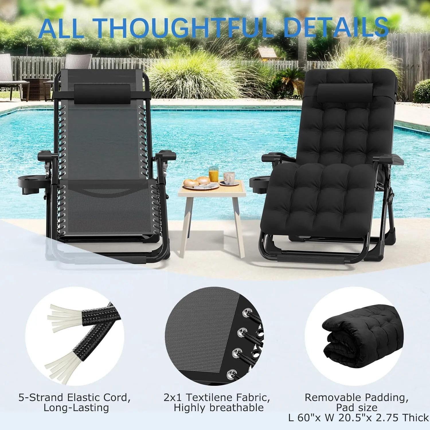 Slendor Zero Gravity Chair Lounge Chair Recliner w/Upgraded Lock and Removable Cushion, Reclining Camping Chair w/Cup Holder Tray & Headrest, Folding Reclining Patio Chairs for Indoor Outdoor, Black