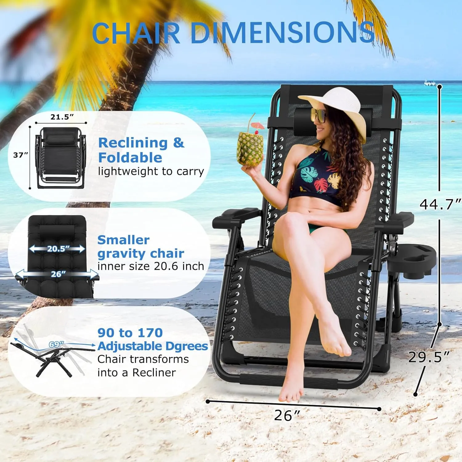Slendor Zero Gravity Chair Lounge Chair Recliner w/Upgraded Lock and Removable Cushion, Reclining Camping Chair w/Cup Holder Tray & Headrest, Folding Reclining Patio Chairs for Indoor Outdoor, Black