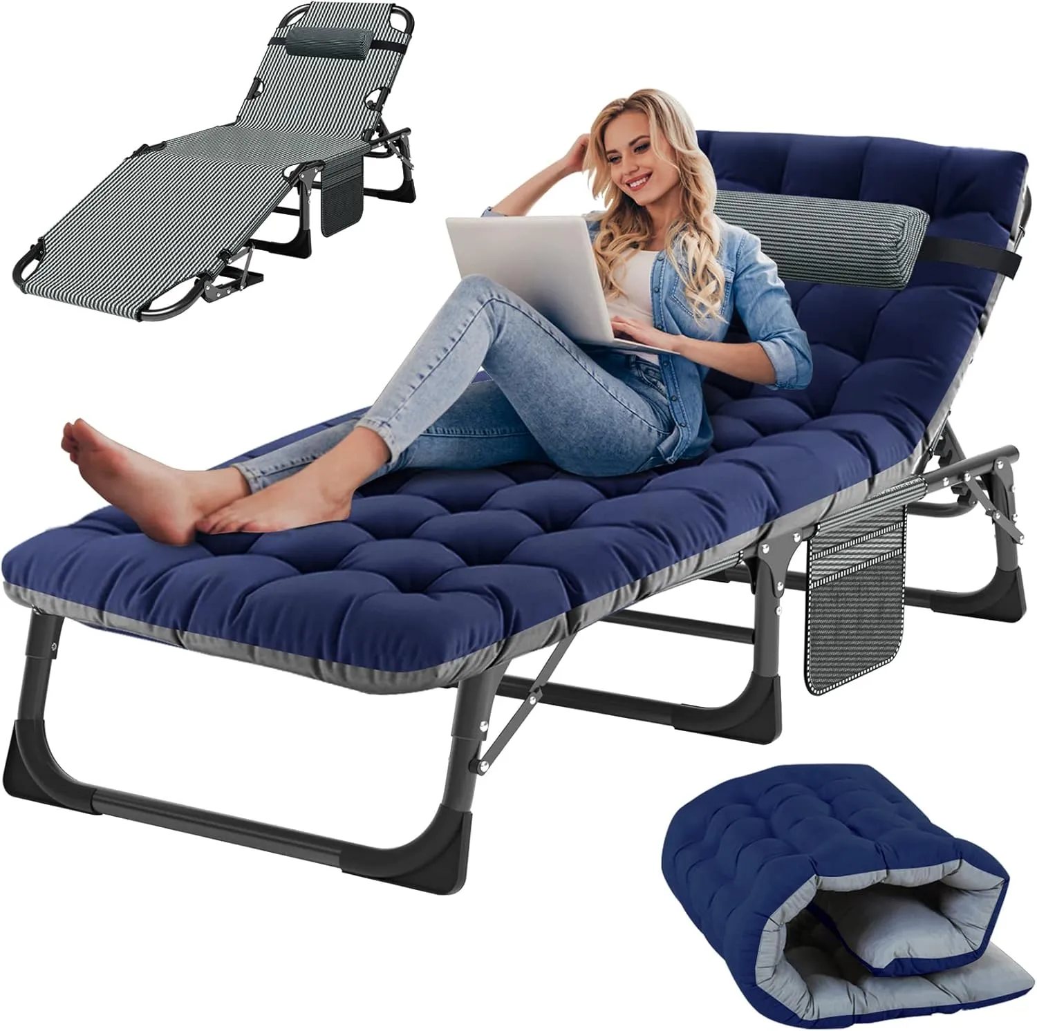 Slsy Folding Lounge Chairs Outdoor, Adjustable Sleeping Cot Chair, Portable Folding Bed Cot Chaise Lounge Chairs for Outside Beach Lawn Camping Pool Sun Tanning