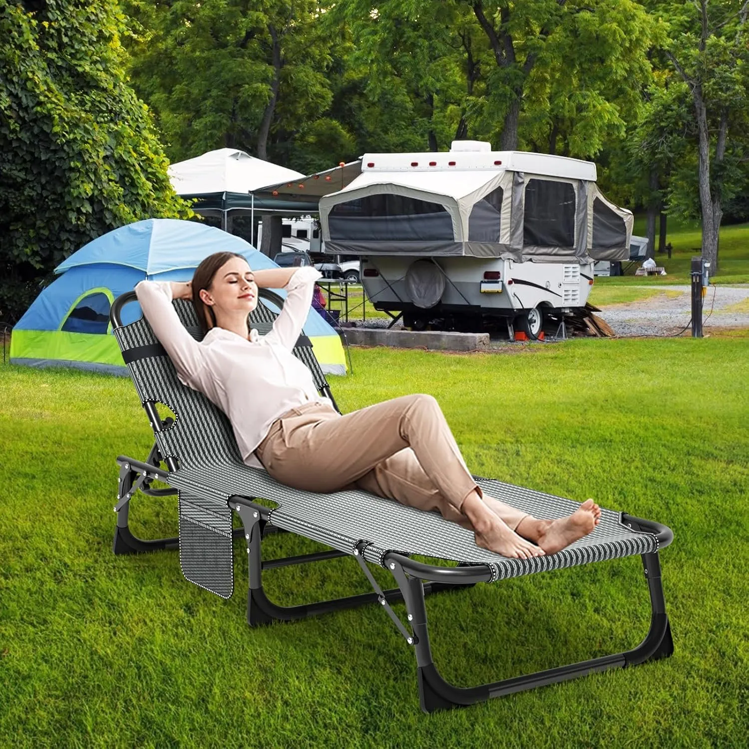 Slsy Folding Lounge Chairs Outdoor, Adjustable Sleeping Cot Chair, Portable Folding Bed Cot Chaise Lounge Chairs for Outside Beach Lawn Camping Pool Sun Tanning