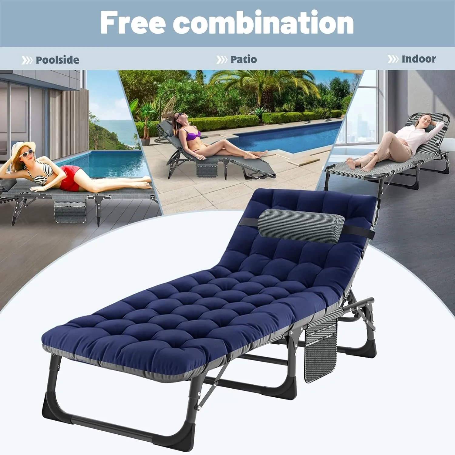 Slsy Folding Lounge Chairs Outdoor, Adjustable Sleeping Cot Chair, Portable Folding Bed Cot Chaise Lounge Chairs for Outside Beach Lawn Camping Pool Sun Tanning