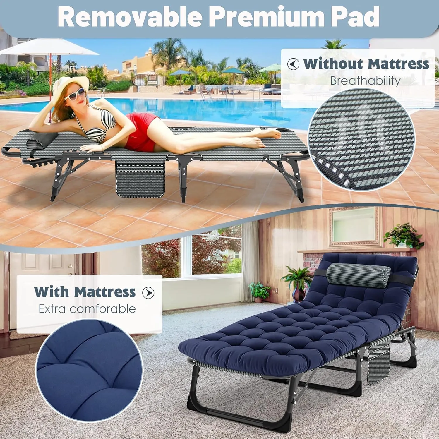 Slsy Folding Lounge Chairs Outdoor, Adjustable Sleeping Cot Chair, Portable Folding Bed Cot Chaise Lounge Chairs for Outside Beach Lawn Camping Pool Sun Tanning