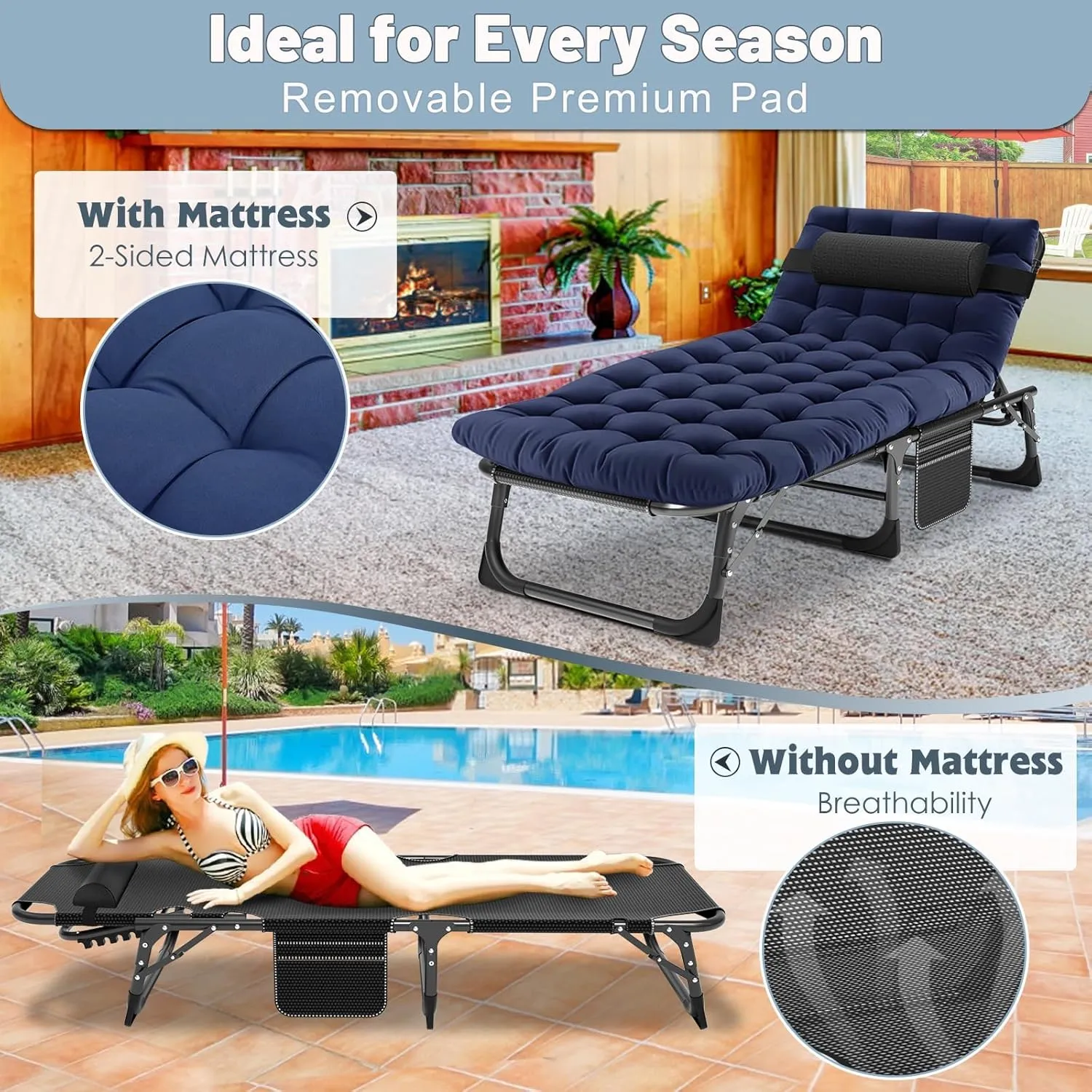 Slsy Sleeping Cots for Adults, 5-Position Folding Chaise Lounge Chairs Outdoor, Portable Folding Bed Cot Lounge Chair for Beach Lawn Camping Pool Sun Tanning