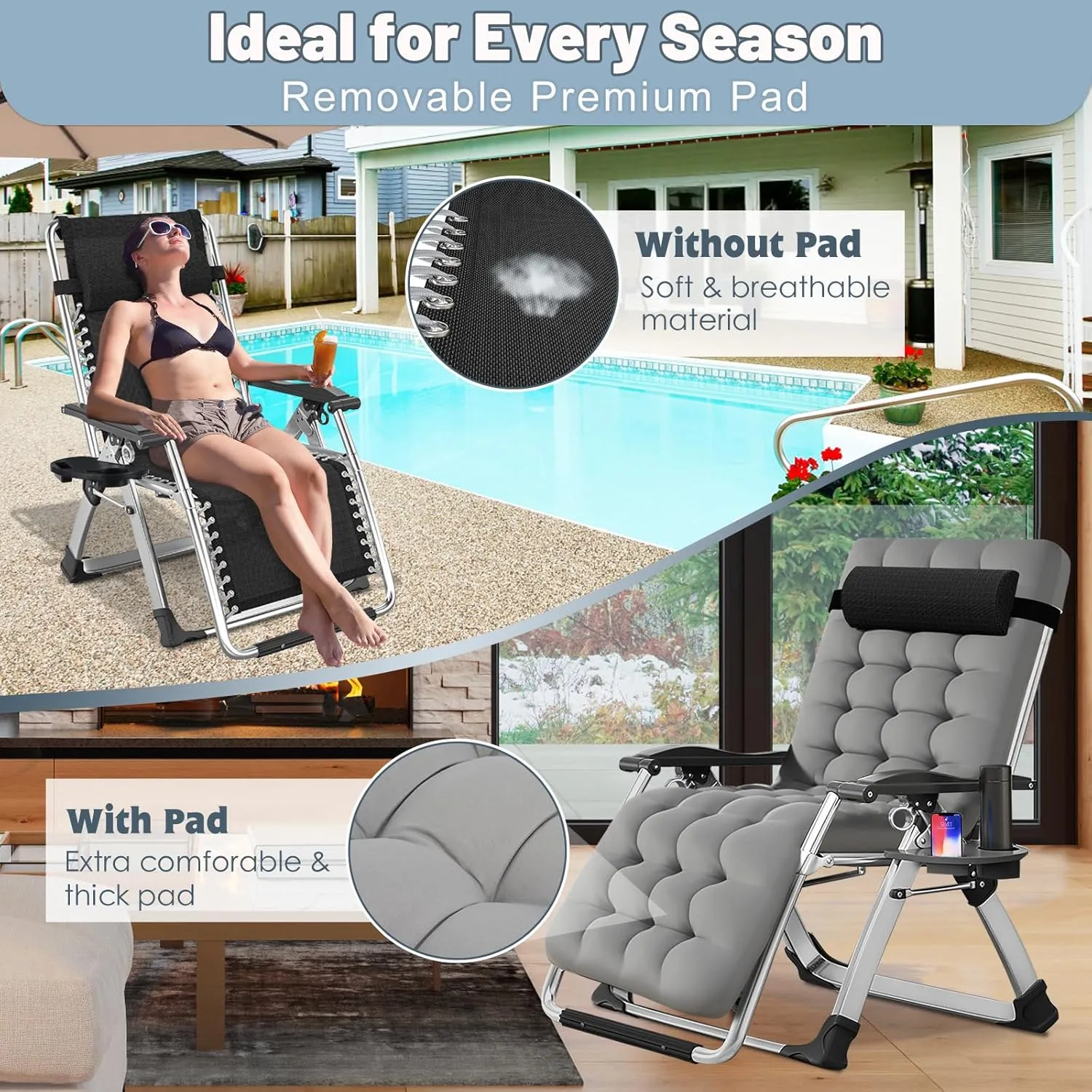 Slsy Zero Gravity Chair, Reclining Lounge Chair with Removable Cushion & Tray for Indoor and Outdoor, Patio Recliner Folding Reclining Chair