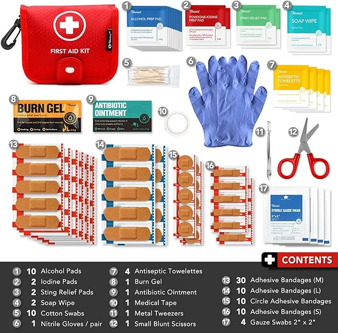 Small First Aid Kit, 100 Pieces Water-Resistant Well Organzied Pouch with Rotatable Buckle - Ideal for Outdoor, Travel, Biking, Camping, Hiking, Car (Red)