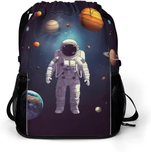 Small Gym Bag Astronaut Solar System Planets Printed Drawstring Gym Bag for Men Lightweight Waterproof Drawstring Backpack for Women with Shoe Compartment for Travel Tourism Work And Fitness