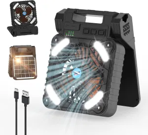 Smiling Shark Camping Fan with LED Lantern, 6000 mAh Rechargeable Solar Camp Fan with 4 Speeds Powerful Wind & 3 Timer 90° Foldable Cordless Portable Tent Fan for Camping Fishing Hiking