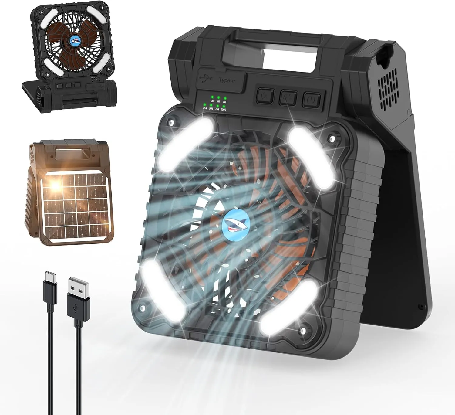 Smiling Shark Camping Fan with LED Lantern, 6000 mAh Rechargeable Solar Camp Fan with 4 Speeds Powerful Wind & 3 Timer 90° Foldable Cordless Portable Tent Fan for Camping Fishing Hiking