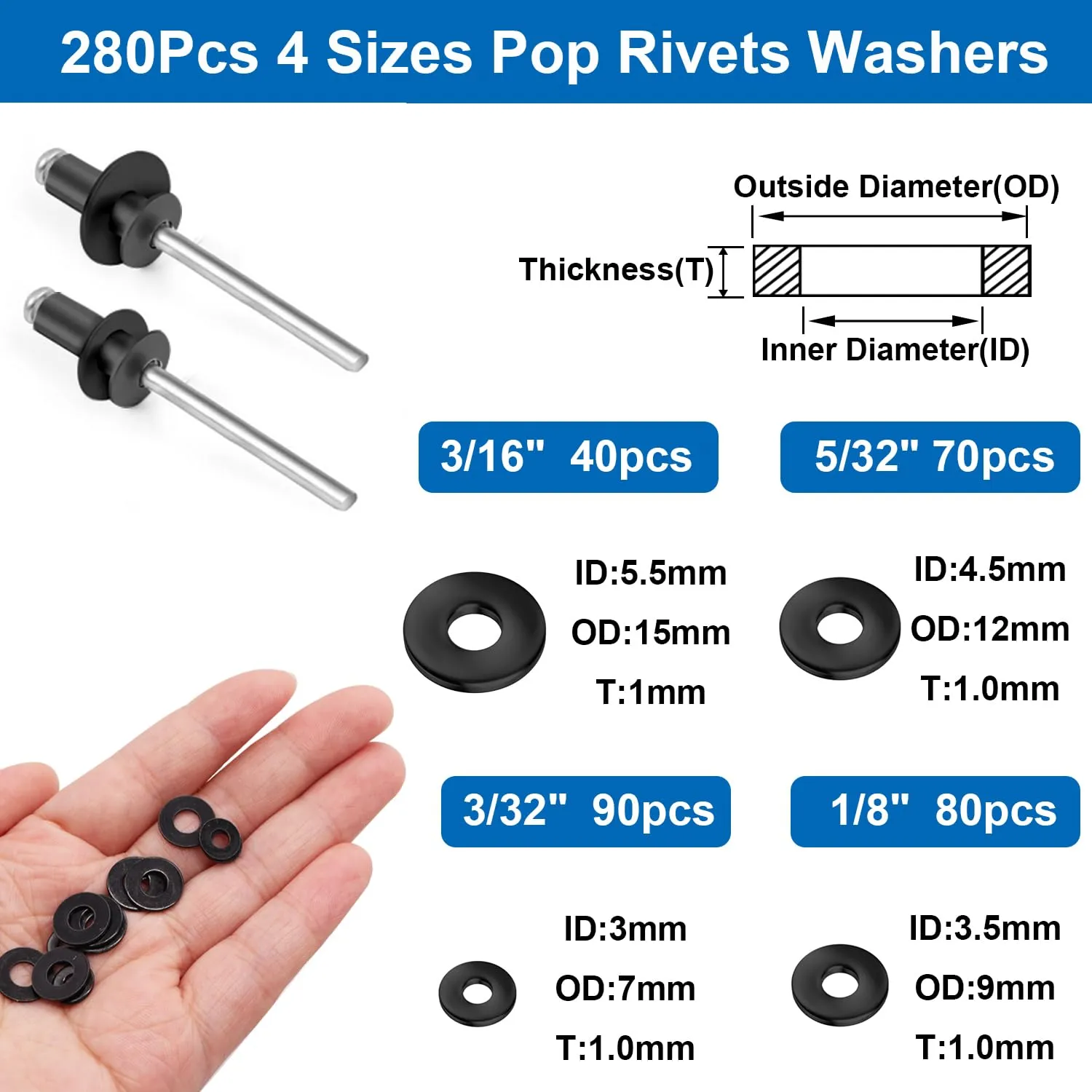 smseace 780Pcs Black Pop Rivets with Washer Assortment Kit 14-Sizes SAE Aluminum Rivets(3/32inch 1/8inch 5/32inch 3/16inch 1/4inch) Black Rivets Set for Metal, Furniture, Automotive, Instruments
