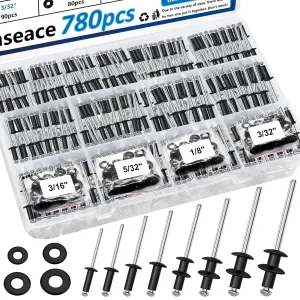 smseace 780Pcs Black Pop Rivets with Washer Assortment Kit 14-Sizes SAE Aluminum Rivets(3/32inch 1/8inch 5/32inch 3/16inch 1/4inch) Black Rivets Set for Metal, Furniture, Automotive, Instruments