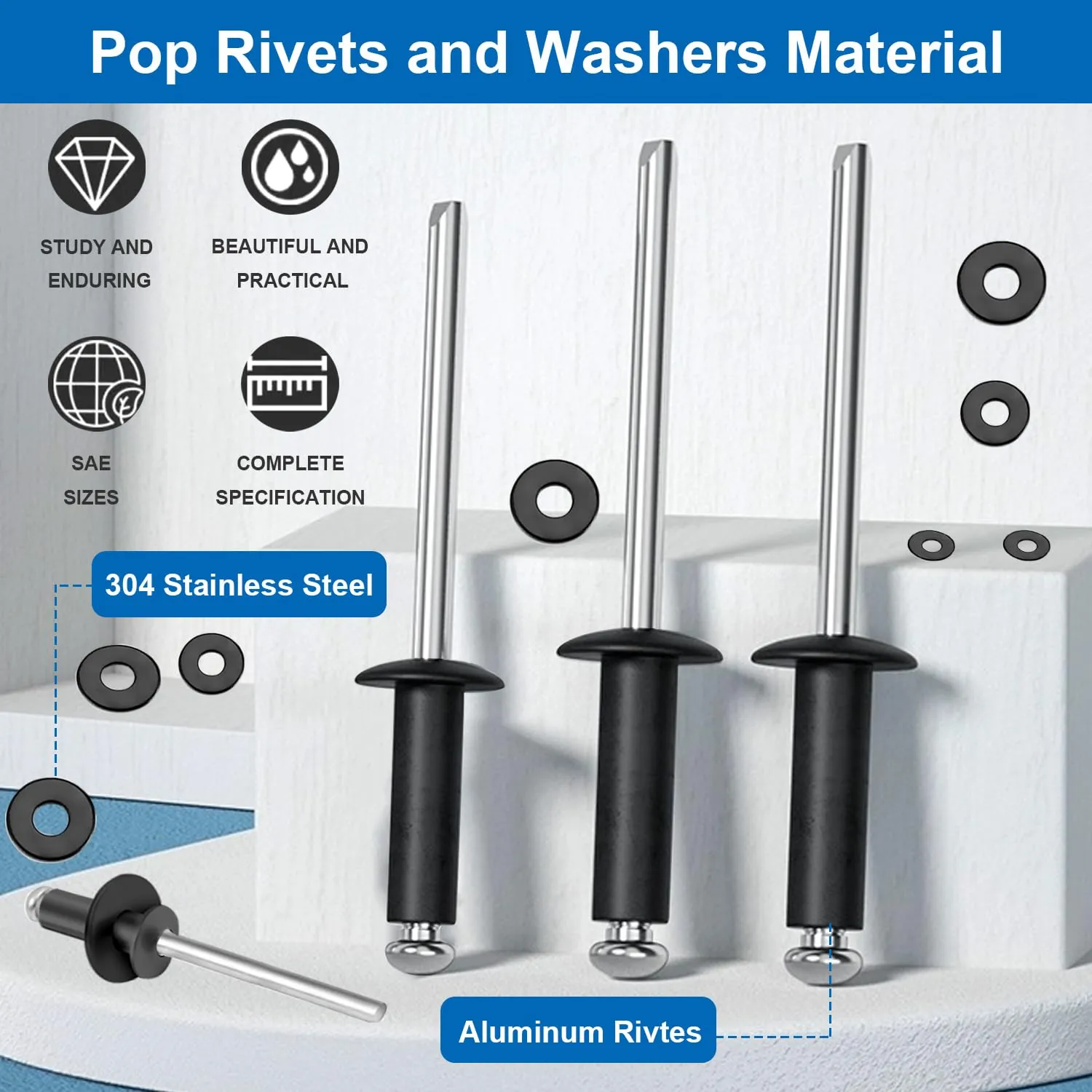 smseace 780Pcs Black Pop Rivets with Washer Assortment Kit 14-Sizes SAE Aluminum Rivets(3/32inch 1/8inch 5/32inch 3/16inch 1/4inch) Black Rivets Set for Metal, Furniture, Automotive, Instruments