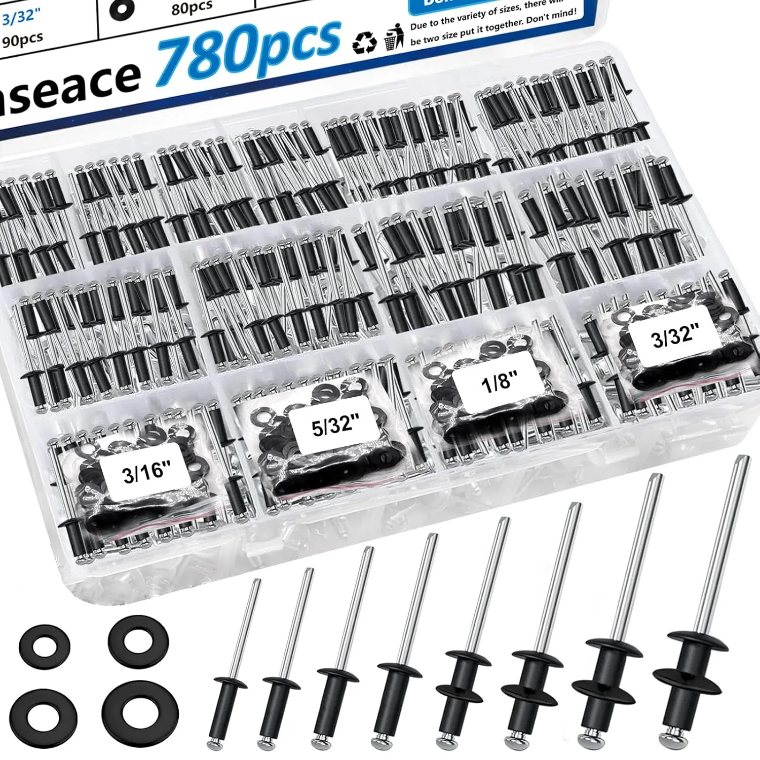 smseace 780Pcs Black Pop Rivets with Washer Assortment Kit 14-Sizes SAE Aluminum Rivets(3/32inch 1/8inch 5/32inch 3/16inch 1/4inch) Black Rivets Set for Metal, Furniture, Automotive, Instruments
