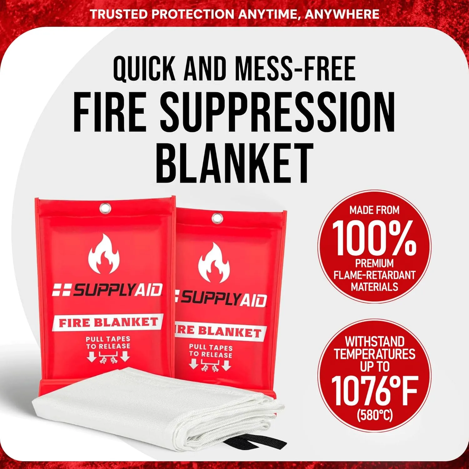Snow Joe SupplyAID 2 Pack Emergency Fire Blanket for Camping Gear and Safety Supplies, White