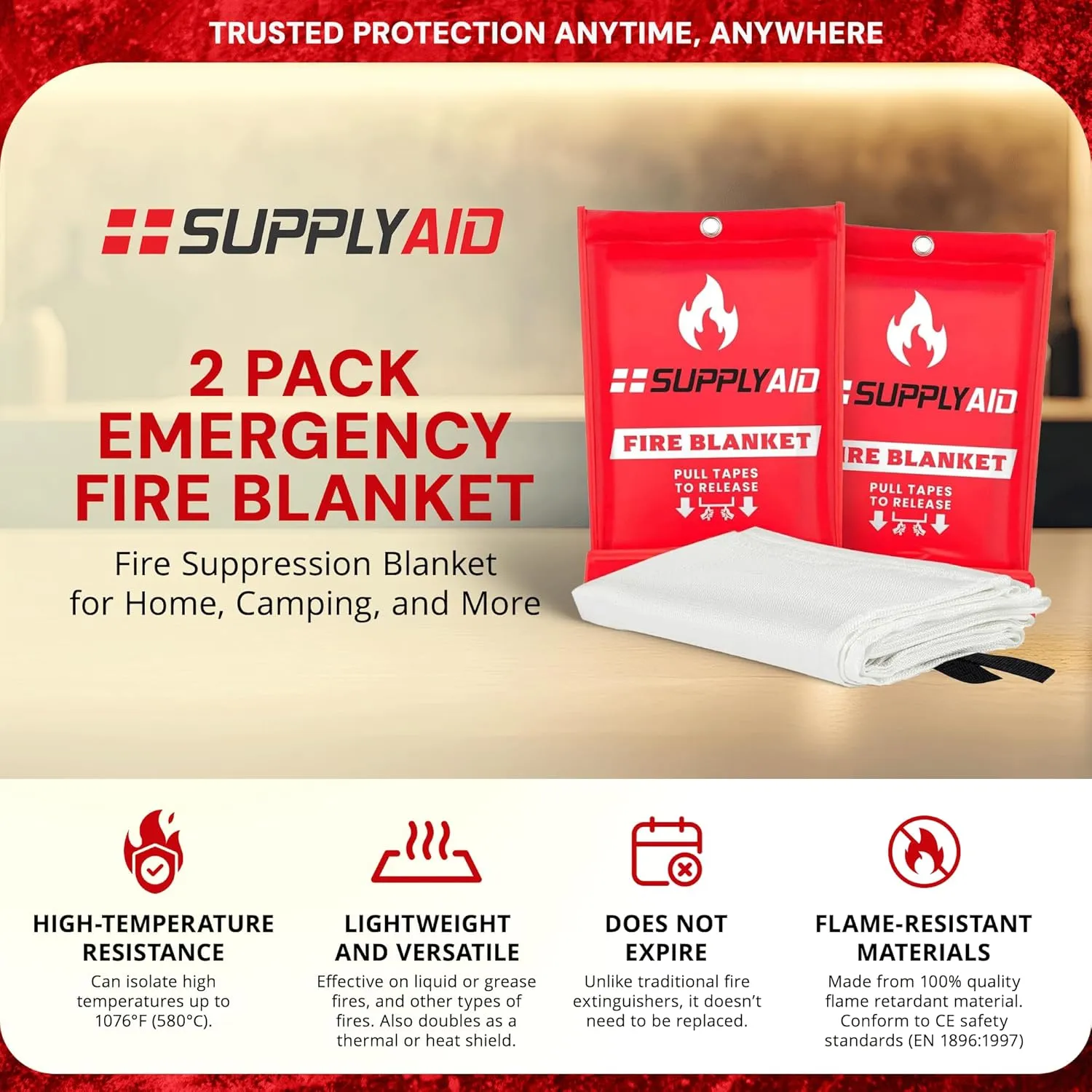 Snow Joe SupplyAID 2 Pack Emergency Fire Blanket for Camping Gear and Safety Supplies, White
