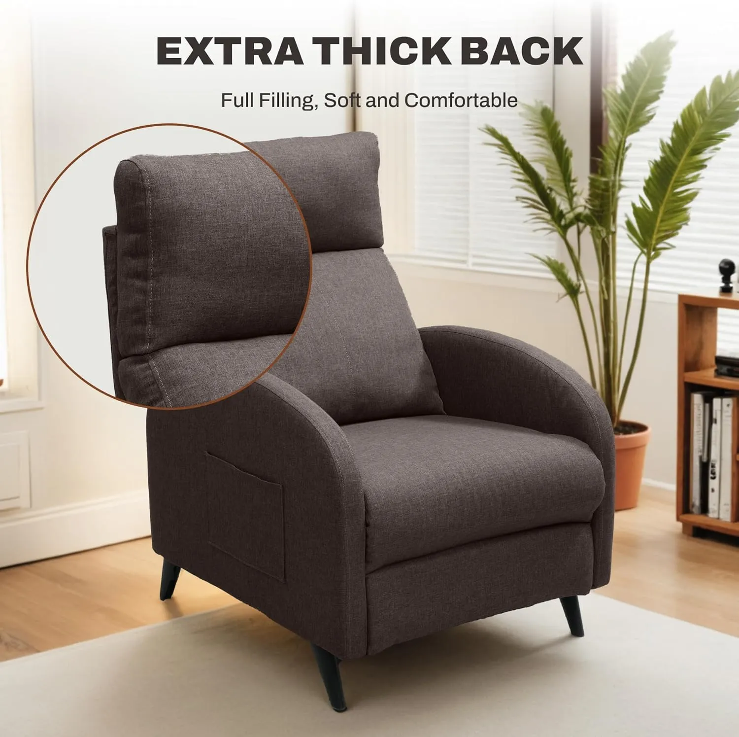 Softa Recliner Chair for Adults, Small Fabric Reclining Chair with Side Pockets, Adjustable Home Theater Seating Modern Armchair with Extended Footrest for Living Room, Brown