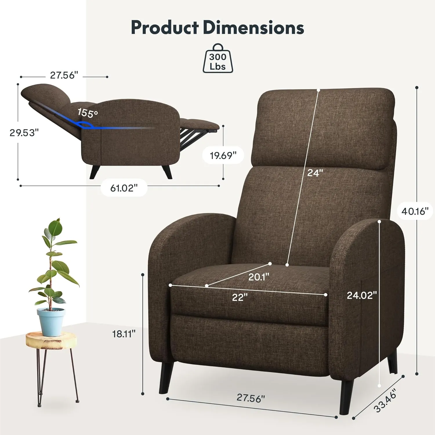 Softa Recliner Chair for Adults, Small Fabric Reclining Chair with Side Pockets, Adjustable Home Theater Seating Modern Armchair with Extended Footrest for Living Room, Brown