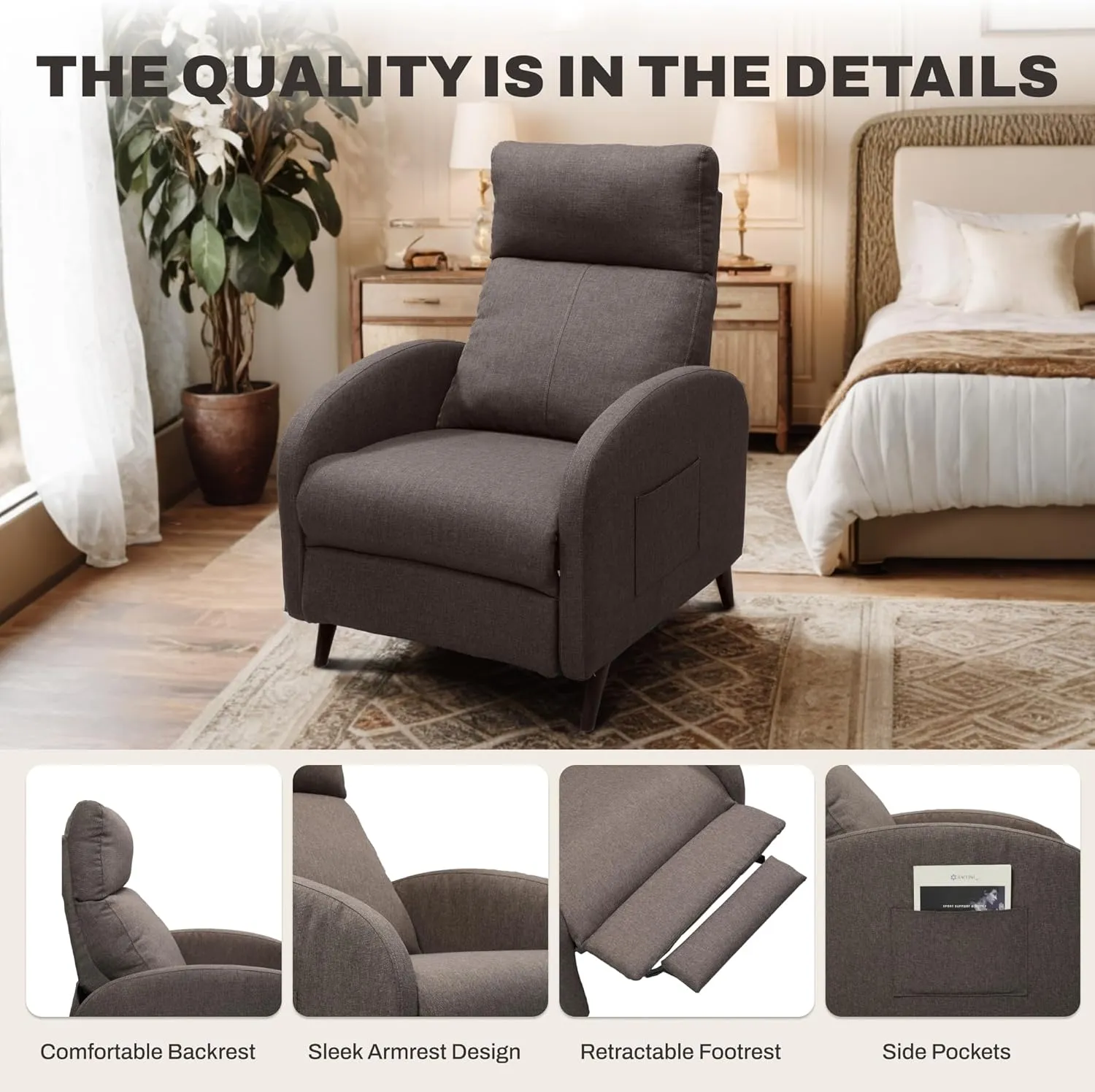 Softa Recliner Chair for Adults, Small Fabric Reclining Chair with Side Pockets, Adjustable Home Theater Seating Modern Armchair with Extended Footrest for Living Room, Brown