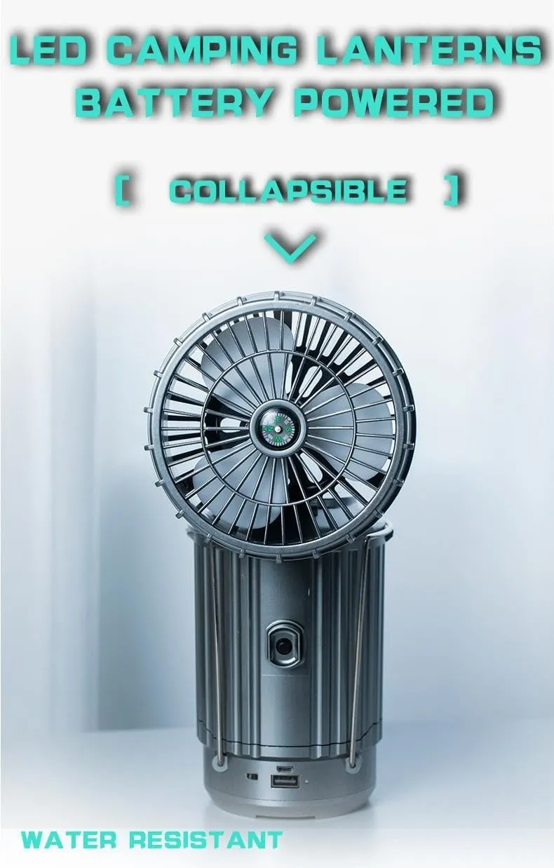 Solar Camping Lantern with Fan, LED Light, Bluetooth Speaker, USB Charging, Compass, 6.97x5.59x2.28 inches