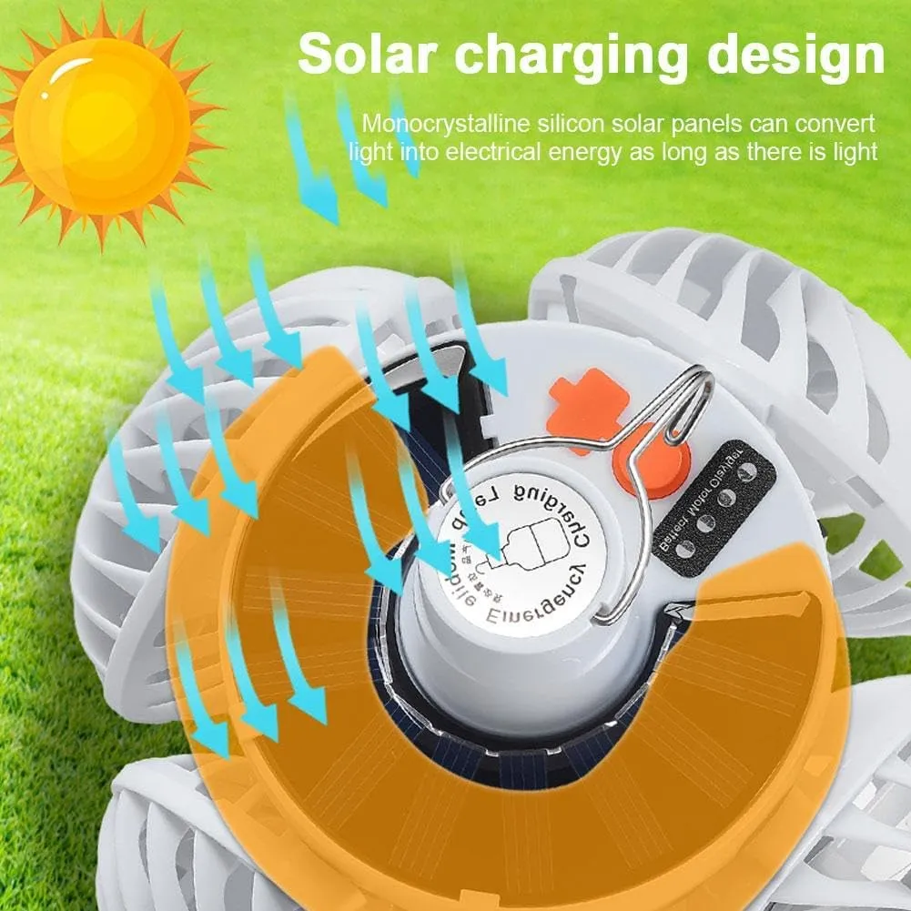 Solar Fan Light, 2 in 1 Folding Solar Lamp, Rechargeable LED Camping Lantern with Metal Rotating Hook, 4 Speed Fan Mode, 3 Speed Dimming Function, Outdoor Camping Lights for Garden