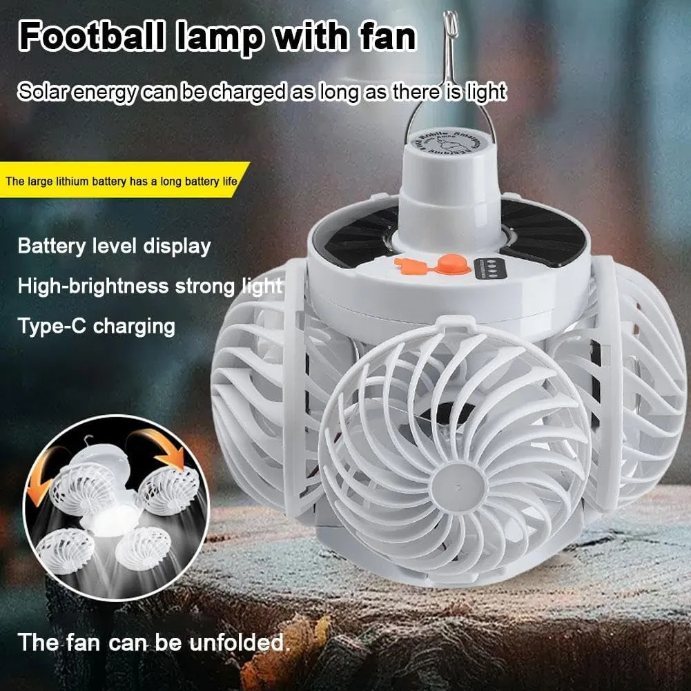 Solar Fan Light, 2 in 1 Folding Solar Lamp, Rechargeable LED Camping Lantern with Metal Rotating Hook, 4 Speed Fan Mode, 3 Speed Dimming Function, Outdoor Camping Lights for Garden