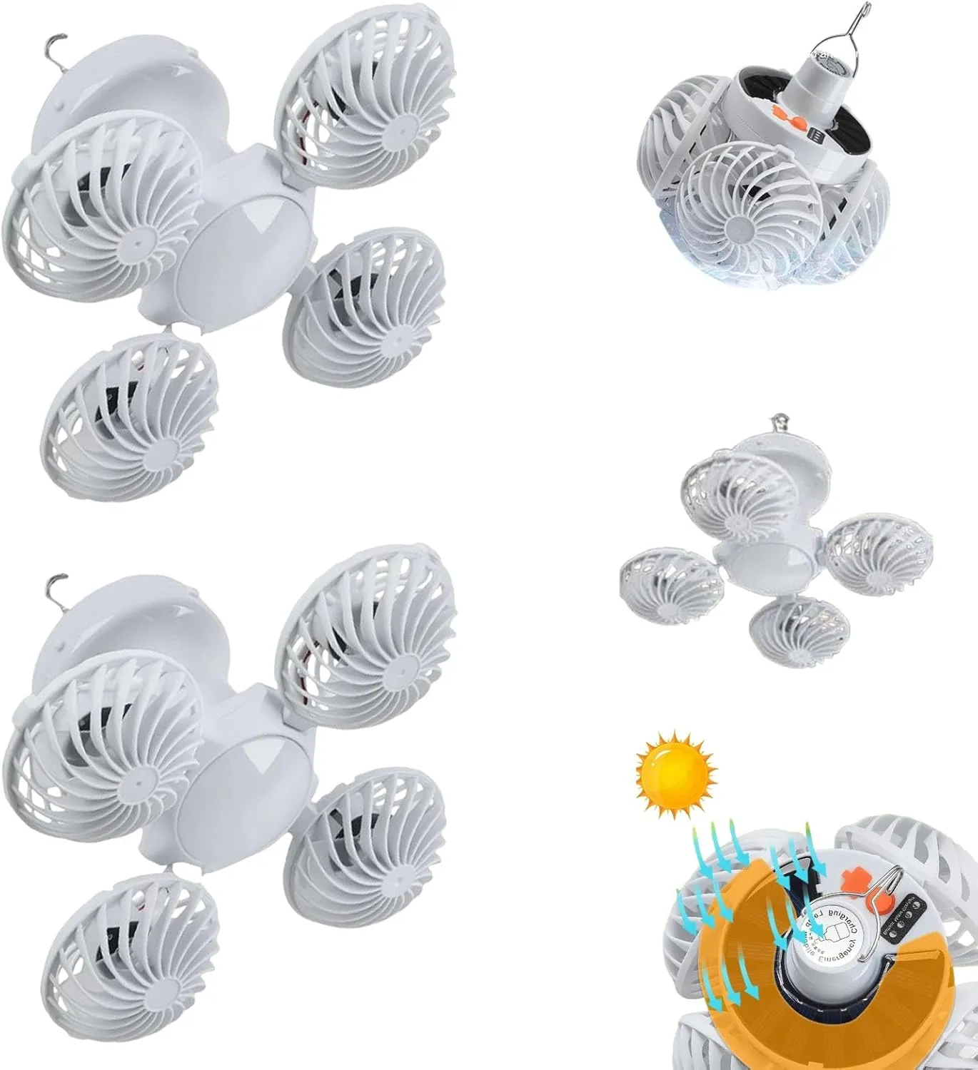 Solar Fan Light, 2 in 1 Folding Solar Lamp, Rechargeable LED Camping Lantern with Metal Rotating Hook, 4 Speed Fan Mode, 3 Speed Dimming Function, Outdoor Camping Lights for Garden