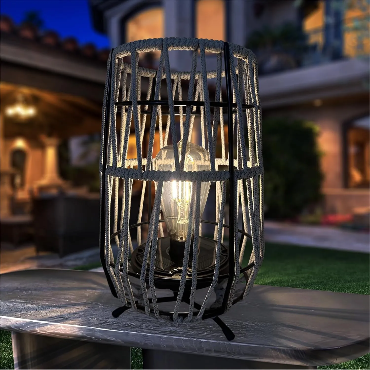 Solar Lanterns Outdoor Tabletop Lamp Lights with Waterproof Stand Decorative Water Resistant Resin & Polyester Cord Woven Design for Garden Patio Lawn Courtyard