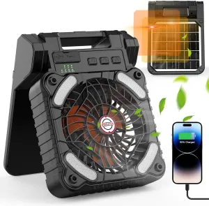 Solar Powered Camping Fan with LED Lantern,10400mAh Rechargeable Battery Operated Portable,Timer,and Eco-Friendly Fan,for Camping,Fishing,Power Outage,Hurricane (Black-Orange)