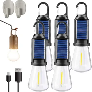 Solar Rechargeable Hooked Camping Light, Solar Tent Lights USB Rechargeable LED Camping Lantern, Shineshore Outdoor Vintage Hooked Camping Light, for Hiking, Campsites (Type-c, 5pcs)