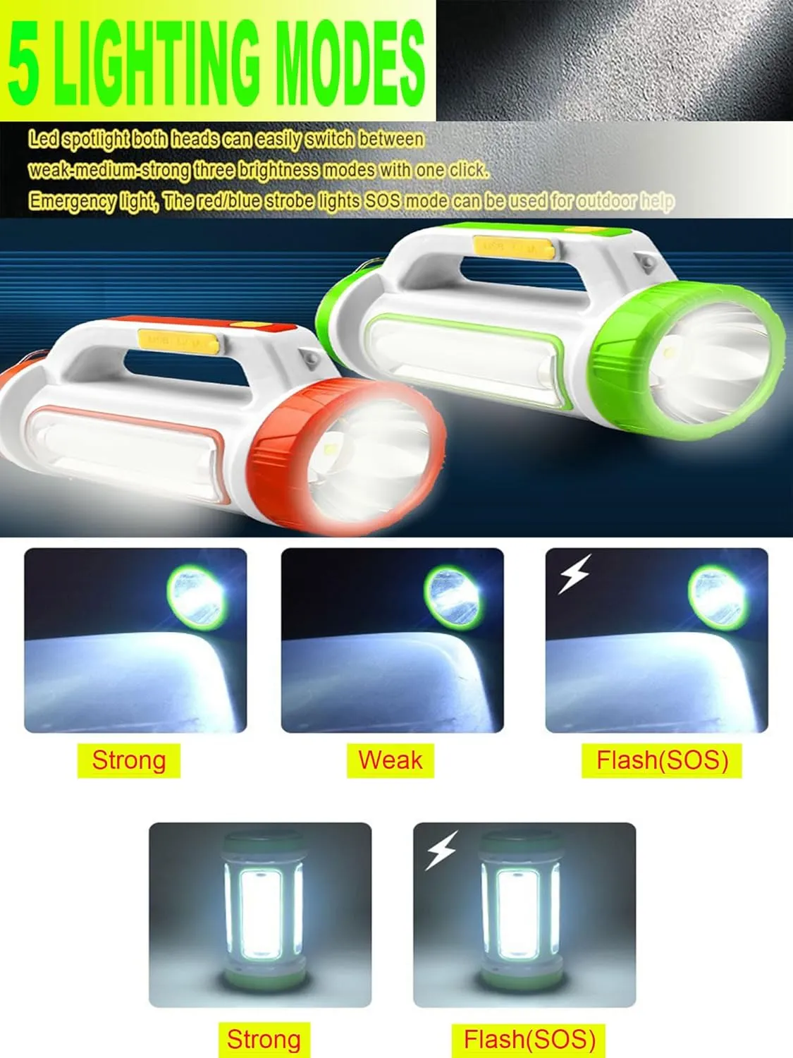 Solar Rechargeable LED Lantern Spotlights, Super Bright 10000LM Handheld LED Searchlight, Multifunction Camping Lantern Flashlight Work Light, 5 Light Modes, Waterproof