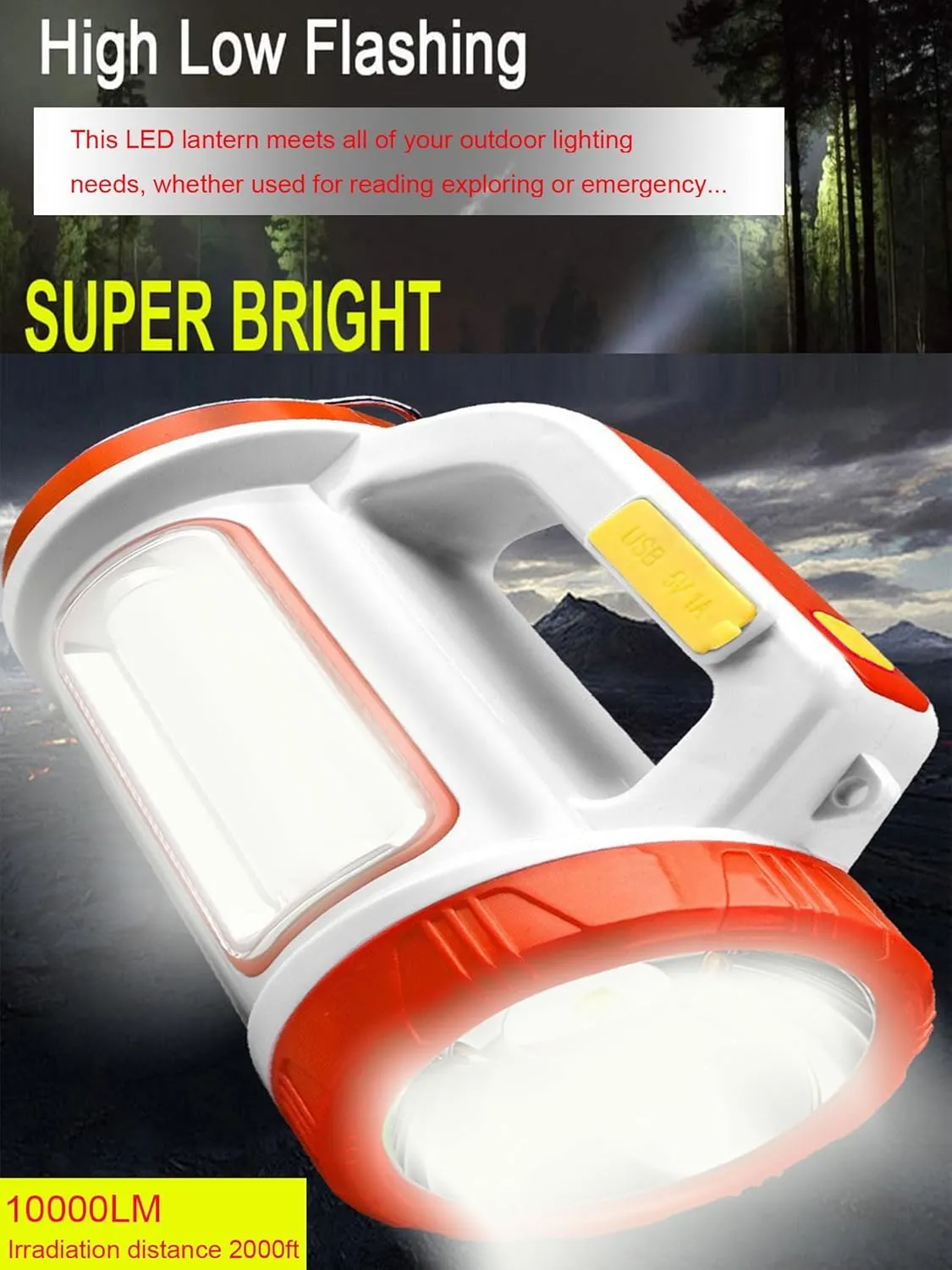 Solar Rechargeable LED Lantern Spotlights, Super Bright 10000LM Handheld LED Searchlight, Multifunction Camping Lantern Flashlight Work Light, 5 Light Modes, Waterproof