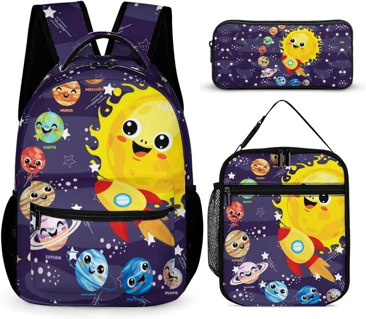 Solar System Backpack with Lunch Box & Pencil Case for Kids Girls Boys School, 16 Inch Cute Planet Bookbag, School Backpack for Students Children, Lightweight, Large Capacity