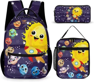 Solar System Backpack with Lunch Box & Pencil Case for Kids Girls Boys School, 16 Inch Cute Planet Bookbag, School Backpack for Students Children, Lightweight, Large Capacity