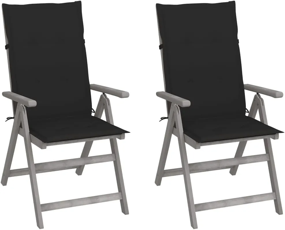 Solid Acacia Wood Patio Reclining Chairs with Cushions Set of 2, 5-Position Adjustable Outdoor Lounge Chairs Gray Wash Finish for Garden, Poolside, and Backyard