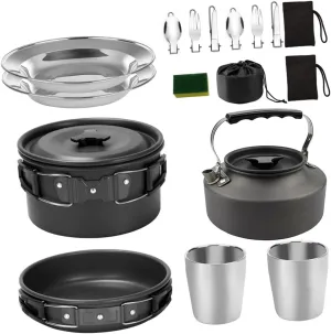Sosoport Camping Cookware Set 2-3 Person Outdoor Cooking Kit Silverware Mess Kit Griddle